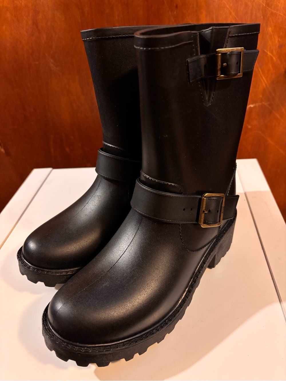 Black Mid-Calf Moto Rain Boots Buckle Lug Sole Women’s US 6 EU 37